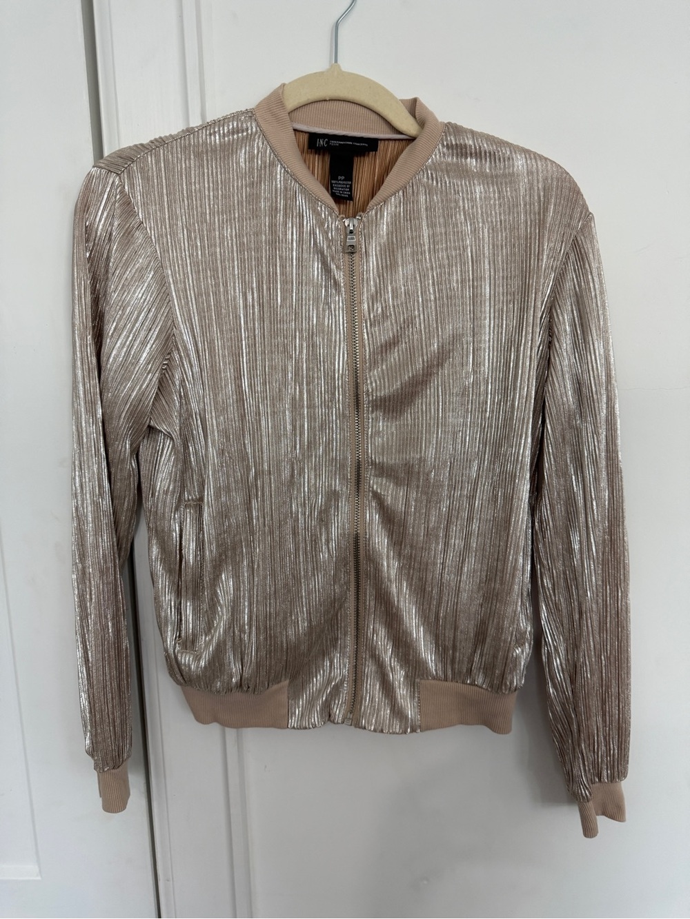 INC International Concepts Shimmery Pleated Bomber Jacket - Champagne Beige